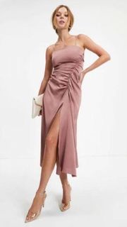 Luxe Doll Satin Drape Slit Midi Dress - Rose