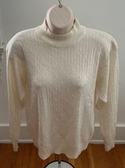 Alfred Dunner Vintage Wool Blend Ivory Cottagecore Coastal Cable Knit Turtleneck Sweater, size L Petite 