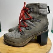 Sorel  Women 9 Quarry Gray Blake Lace Bootie Leather Block Heel Waterproof