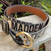 Steve Madden Faux Leather Cream Belt w/"Steve Madden" in Black. Size Large. NWT