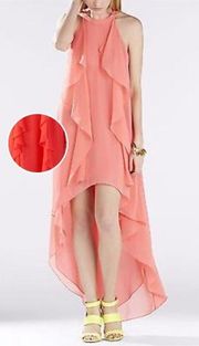 Jennifer Lopez High-Low Ruffle Halter Dress large Caribbean Coral sleeveless