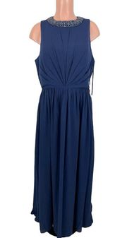 NWT Mac Duggal Ieena Bejeweled Neckline Pleated Chiffon Gown Size 14 Navy Blue