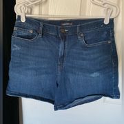 Dark Wash Partially Distressed Denim Shorts 5 Inch Inseam