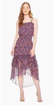 Parker Amethyst Floral Silk Chiffon Purple & Red Floral Midi Dress M