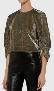 TIBI New Ruched Sleeve Metallic Cropped Top Blouse Gold Black Women’s Size XS