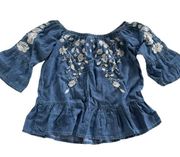 Blue Rain Shirt Women X Small Blue Floral Embroidered Off Shoulder Shirt Lyocell