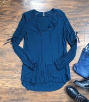 Free People  • teal peasant tunic top ruffle long sleeve boho puff