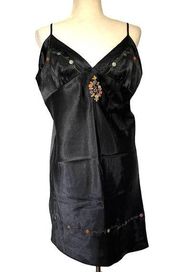 DELICATES Embroidered Slip Dress Sz L Black Intimates Night Gown Liquid Satin