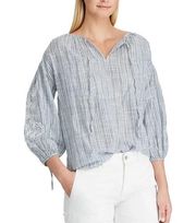 CHAPS Blue White Peasant Top Stripe Shirt Lightweight Long Embroidered Sleeves M