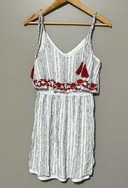 As U Wish boho embroidered white gray red tassel tiered mini dress