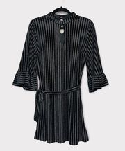 MODCLOTH Fab Feedback Dress Size Large Black Mock Neck Velvet Striped