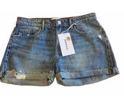 NWT Frame Le Grand Garcon Shorts Womens Distressed Medium Wash Denim Size 27