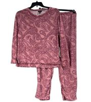 Tahari Large 2-PC Loungewear Set Paisley Long Sleeve Crew Neck Raglan Rose Pink