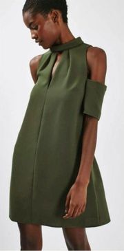 Olive Green Funnel Cold Shoulder Bardot High Neck Shift Dress Size 4