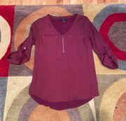 Maroon Burgundy Half Zip 3/4 Sleeve Blouse Work Business Casual Shirt Small