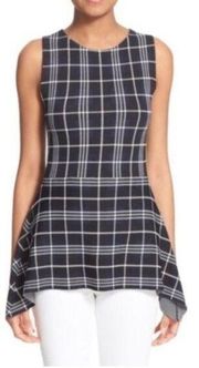 THEORY Kalora Top Black Navy Blue Cream Ivory Plaid Sleeveless Peplum Tank Small