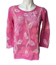 Sigrid Olsen Pink Floral Hand Knitted Pullover Sweater, Sz Medium