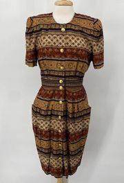 Vintage Shirtdress Buttons Down Bohemian Geometric Printed NEW Brown Womens 10P