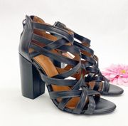 Ash Excelsior Leather Strappy Studded Block Heeled Cage Sandals: Black