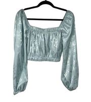 Coco + Jamieson Light Blue Satin Floral Crop Blouse