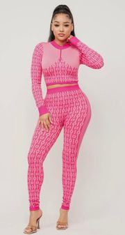 Pink Half Zip Long Sleeve Crop Top Set