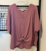 Fantastic Fawn pink waffle-knit button-up tied blouse — large