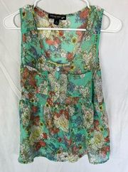 Women's vibrant floral sheer tank, pocket, empire waist, size small, Living Doll