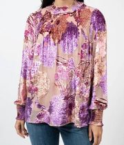 Ivy‎ Jane blouse mock neck smocked detail velvet velour floral pattern