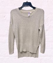 Alya oatmeal tan elbow patch knit neutral pullover sweater high low Small