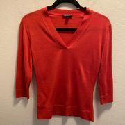 Lafayette 148 New York Red Wool V-Neck 3/4 Length Sleeve Sweater Size P