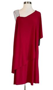 R&M Richards Women's Cocktail Dress Size 14W Red Beaded One Shoulder Shift