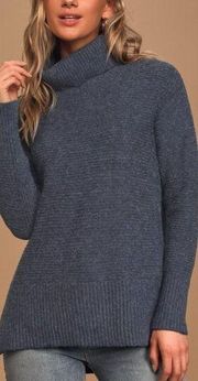 LULUS LULU'S Cozy Fantasy Washed Ribbed Turtleneck Sweater Navy Blue Fuzzy Warm