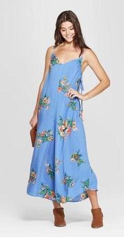 Blue Floral Print Waist-Tie Cropped Jumpsuit