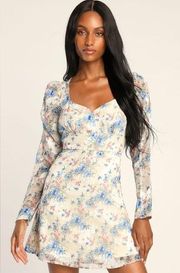 Lulus  Lovely Type Ivory Floral Print Puff Sleeve A-Line Mini Dress