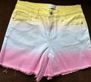 Los Angeles Denim Shorts Dip Dye Ombre Yellow Blue Pink Frayed Sz 28