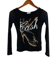 Cache Long Sleeve Top Cash Heels Gold Silver Beaded Black XS