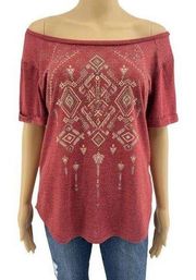 Miss Me MEDIUM Rustic Red Studded Southwestern Sheer Mesh Back Tee Shirt