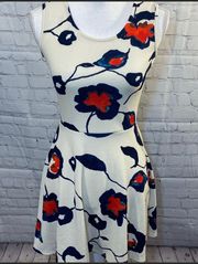 Vibrant Red & Blue Floral Print Mini Dress-Small