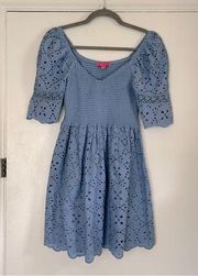 Betsy Johnson Blue Eyelet Puffed Sleeve Smocked Mini Dress M