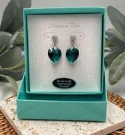 Swarovski Dangle Green Heart Silver Tone Pierced Earrings NIB