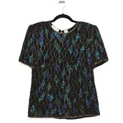 Laurence Kazar Vintage Beaded Silk Blouse Size Medium Blue Gold Black