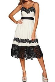 Boston Proper white cotton black lace detail fit and flare midi dress size 10