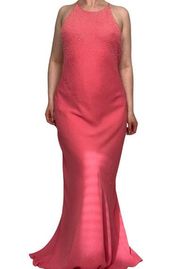 Vintage Pink Lrg Beaded Halter High Neck Maxi Dress Gown Prom Homecoming Formal