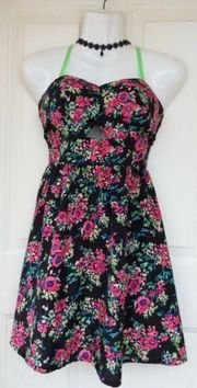 Floral Cut Out Bustier Neon Fit and Flare Sleeveless Dress Small