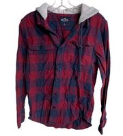 Hollister Shirt Womens X-Small Red Black Check Button Front Long Sleeve Hooded