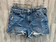 American Eagle  Floral Embroidered High Rise Mom Shorts Denim Cut Off