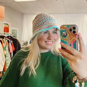 Handmade Crochet Knit Beanie Hat Blue Peach