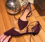 Tie Lace Up Flats Pointed Suede Leather Burgundy Wine 🍷 Sz 8