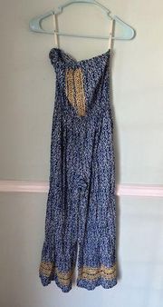 THML S romper jumpsuit blue white embrodiered strapless Pant