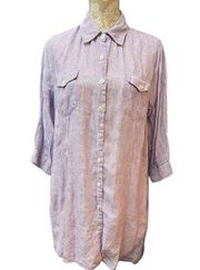 COLDWATER CREEK Linen Tunic Button Front Purple Pinstripe 3/4 Sleeve Large